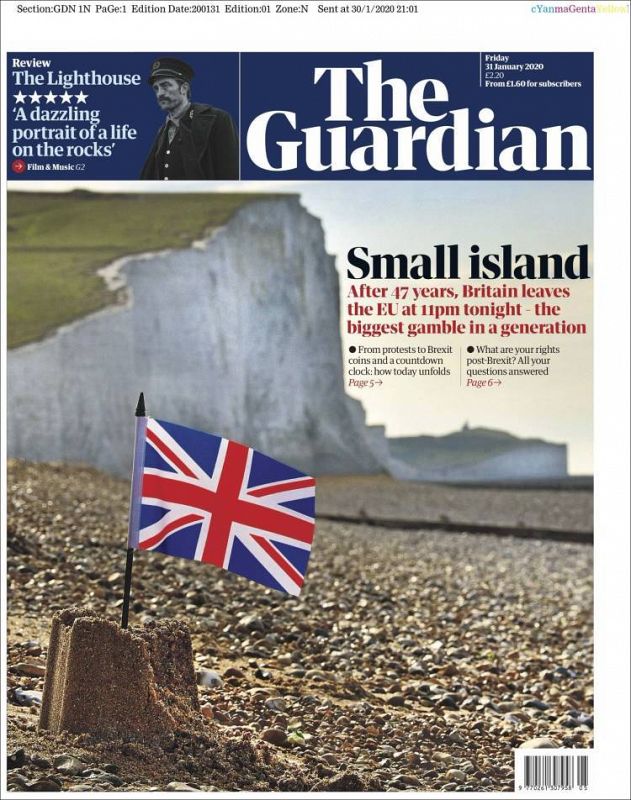 La portada del diario The Guardian destaca que Reino Unido queda convertido en una "pequeña isla" tras el Brexit y que esta es "la mayor apuesta en una generación".