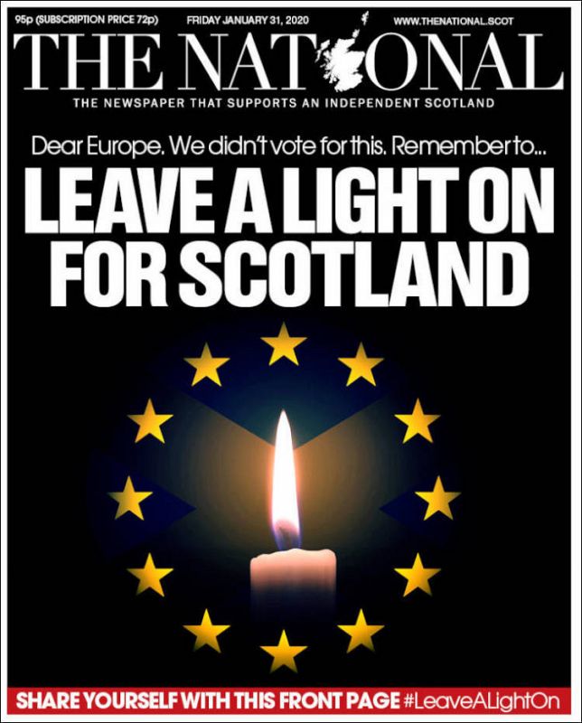 El periódico escocés The national muestra en su portada una vela rodeada de las estrellas de la Unión Europea y pide "dejar una luz encendida por Escocia", haciendo referencia a la intención de realizar un segundo referéndum en la región.