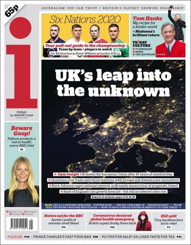 El periódico británico The i titula su portada como "El salto del Reino Unido hacia lo desconocido" y lo acompaña con una imagen de los países de la Unión Europea por la noche, momento en el que el Reino Unido hará efectivo el Brexit.