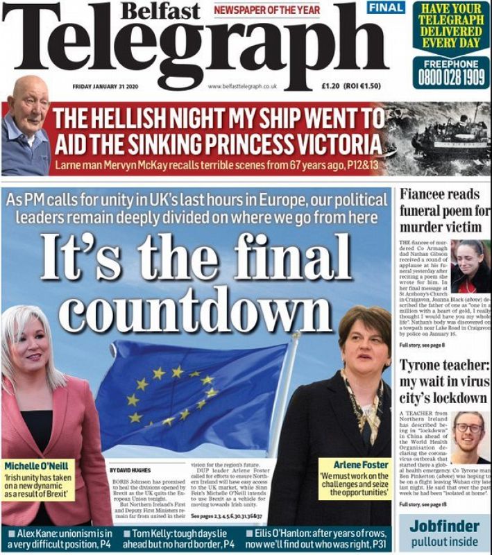 La portada de The Belfast Telegraph, uno de los principales diarios de Irlanda del Norte, señala que es "la cuenta atrás final" del Brexit.