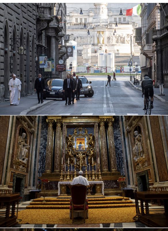 El Papa Francisco, por las calles vacías de Roma.