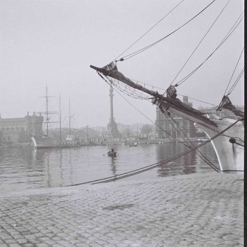 Perfil de la ciudad de Barcelona con el puerto y la estatua de Colón al fondo.