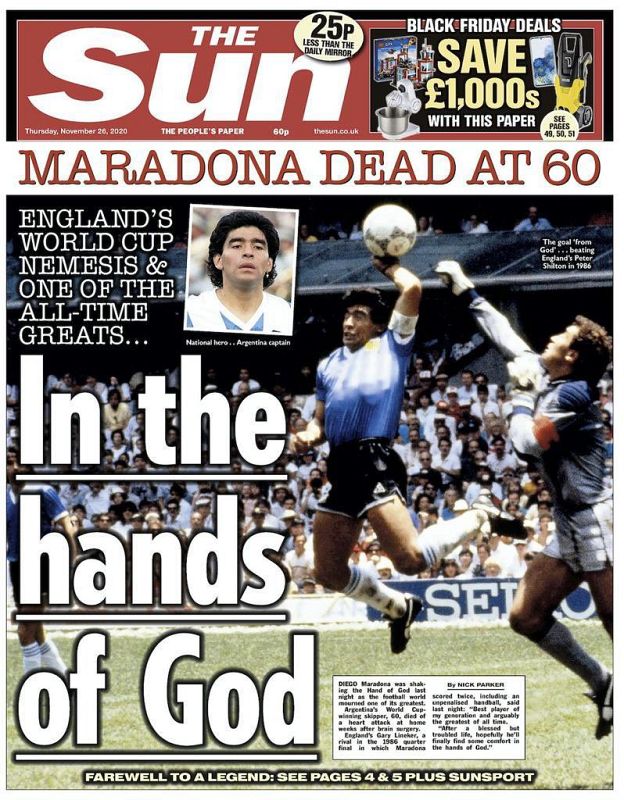 The Sun coincide con The Times y titula que Maradona está "En las manos de Dios"