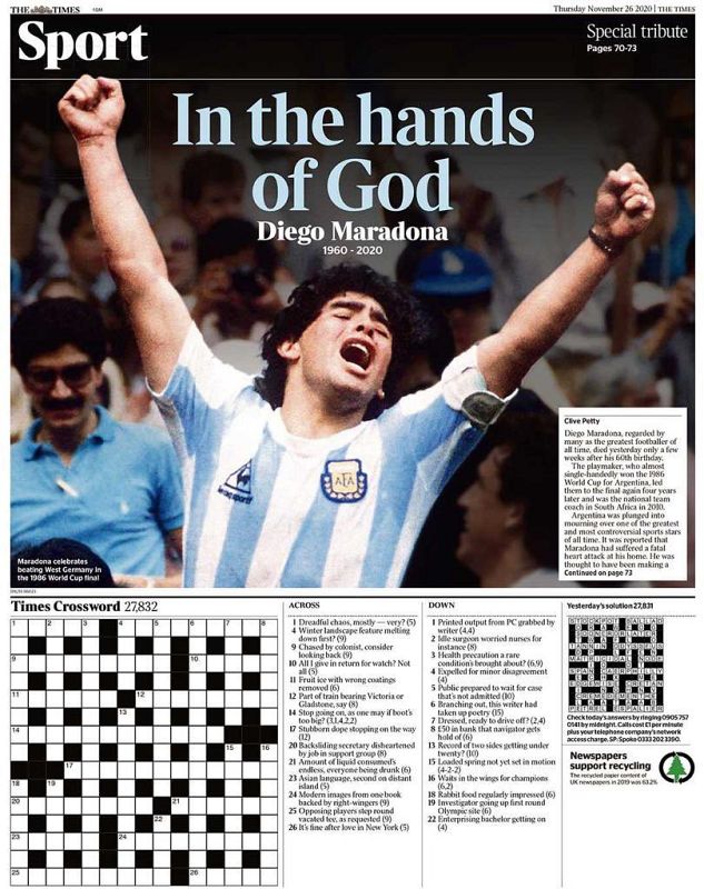 Para el diario The Times, Maradona ya está 'En las manos de Dios'