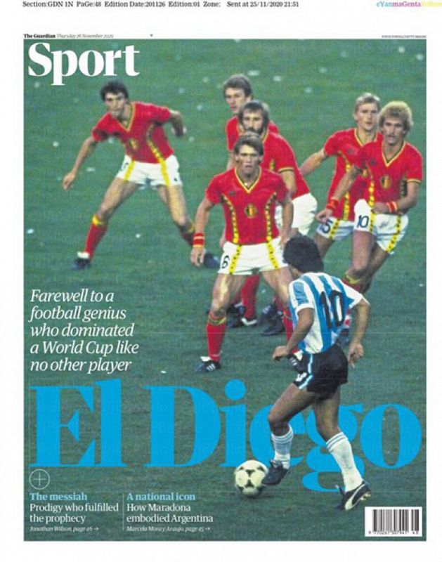 En su portada deportiva The Guardian recuerda a "El Diego"