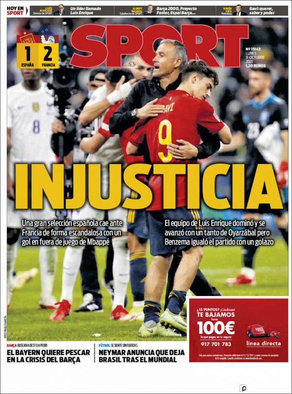 "Injusticia" es el titular del diario Sport