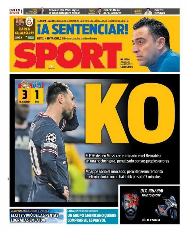 El diario Sport dedica su portada al derrotado Messi con un enorme K.O.