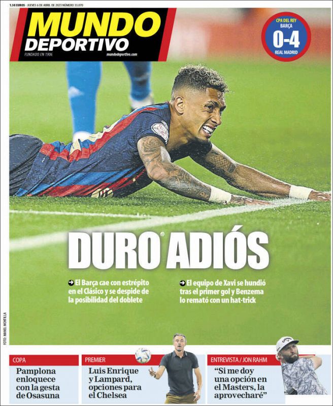 "Duro adiós" es el titular en la portada de Mundo Deportivo