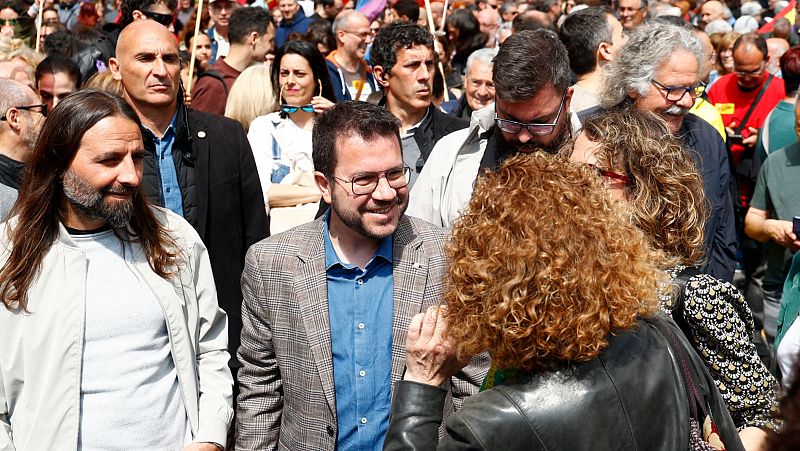 El presidente de la Generalitat y candidato de ERC, Pere Aragonès, asiste a la manifestación convocada con motivo del Primero de Mayo