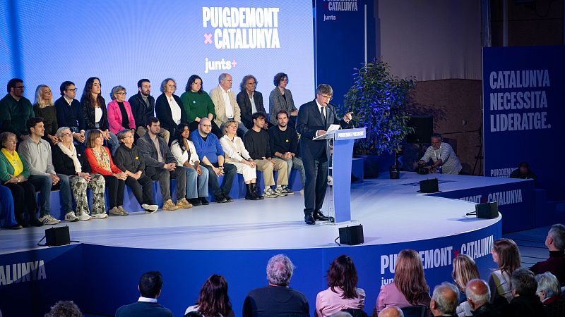 El candidato de Junts+, Carles Puigdemont, reaparece este miércoles en un acto de campaña, en Argelès-sur-Mer (Francia)