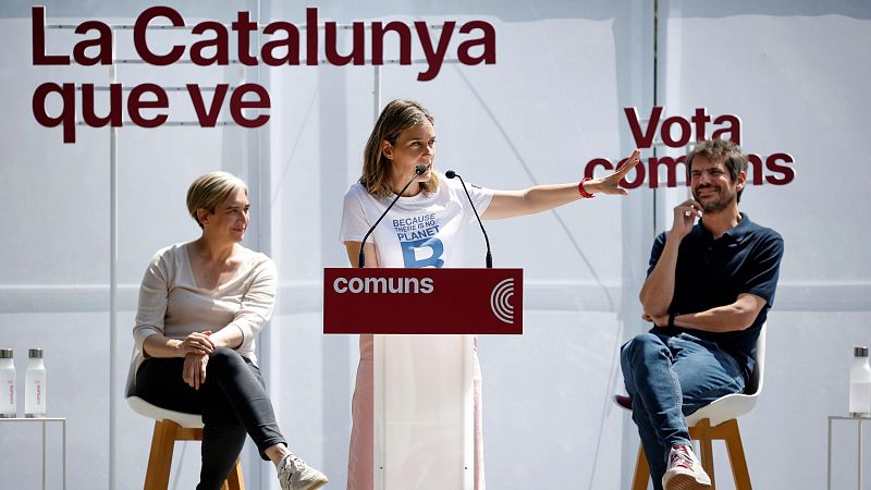 Jéssica Albiach, junto a Ernest Urtasun y Ada Colau, durante el acto electoral de este sábado en El Prat de Llobregat