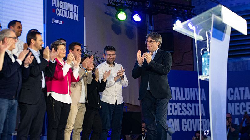 El candidato de Junts+ , Carles Puigdemont, durante un mitin este sábado en en Argelès (Francia)