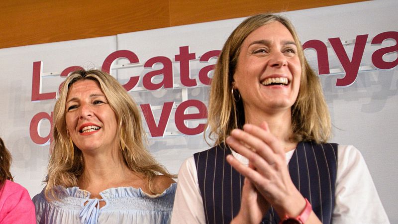 La vicepresidenta del Gobierno y líder de Sumar, Yolanda Díaz, hace campaña este domingo en Tarragona junto a la candidata de Comuns Sumar a las elecciones catalanas, Jéssica Albiach