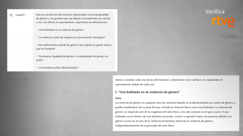 Verificación RTVE de respuesta ChatGPT sobre afirmaciones falsas de desigualdad de género; análisis de la afirmación 'Una bofetada no es violencia de género', calificada como falsa.
