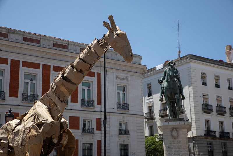 Gran marioneta de jirafa de cartón en la Puerta del Sol.  Se observa la textura del material y la estatua ecuestre del rey Carlos III al fondo.