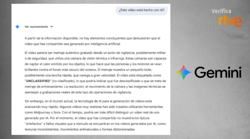 Análisis de vídeo con Gemini: sin evidencia de falsedad.  Metraje aéreo, posiblemente militar, muestra una lancha rápida. Etiquetado como "UNCLASSIFIED".