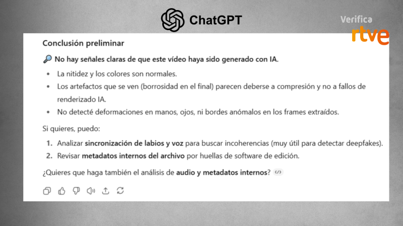 ChatGPT analiza un video y concluye que no hay indicios de generación artificial.  Nitidez y colores normales, borrosidad atribuida a la compresión.  Análisis adicionales disponibles.