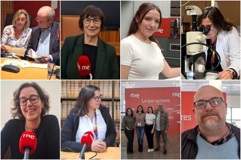 La composición fotográfica incluye retratos de personas con gafas y micrófonos, así como imágenes de individuos en entornos como laboratorios y frente a estanterías. Se observan carteles con logos de radio.