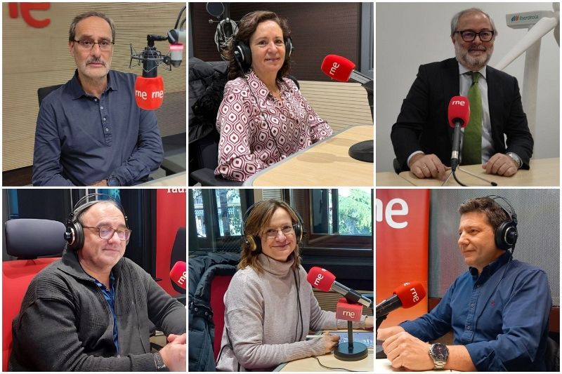 Un collage de seis fotografías muestra a personas en estudios de radio, posiblemente de RNE, frente a micrófonos y con auriculares. Se observan hombres y mujeres de diferentes edades y estilos, cada uno concentrado en su tarea.