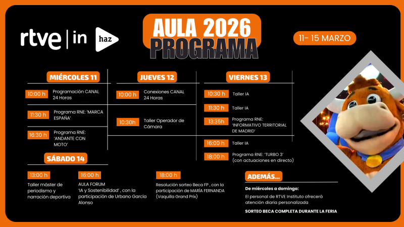La programación de RTVE Instituto para Aula 2026, del 11 al 15 de marzo, ofrece talleres, programas de radio y televisión, y eventos especiales, incluyendo un foro y un sorteo de beca.