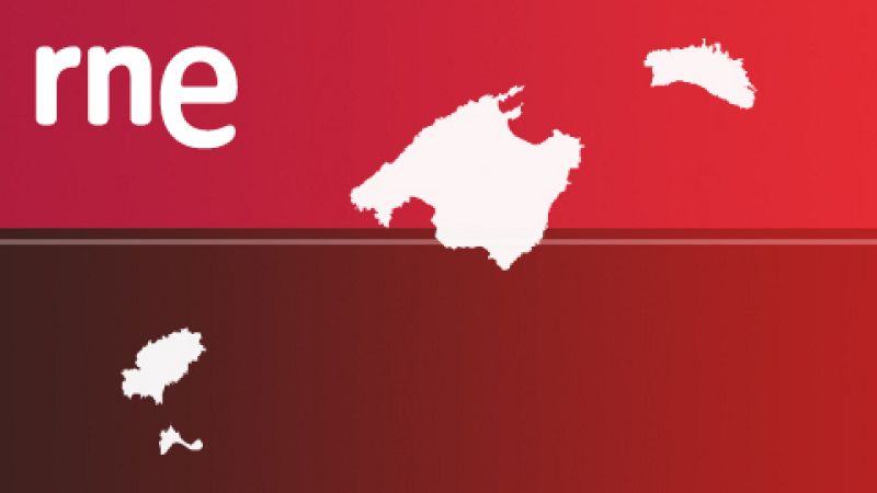 El logotipo blanco de RNE se ubica en la esquina superior izquierda, con una línea divisoria horizontal. El fondo varía en tonalidad de rojo, y siluetas blancas de las islas Baleares adornan la imagen.