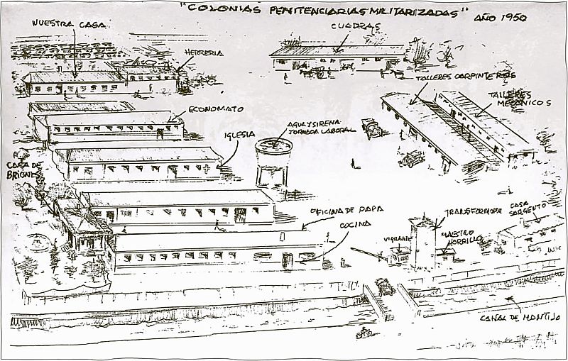 Dibujo de la Colonia Penitenciaria de Montijo creado por Pirrongelli en 1950