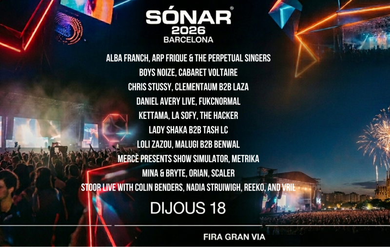 Cartel publicitario del festival Sónar 2026 en Barcelona, anunciando el evento para el jueves 18 en Fira Gran Via. Se destaca el logo del festival, la lista de artistas y una escena de público frente a un escenario.