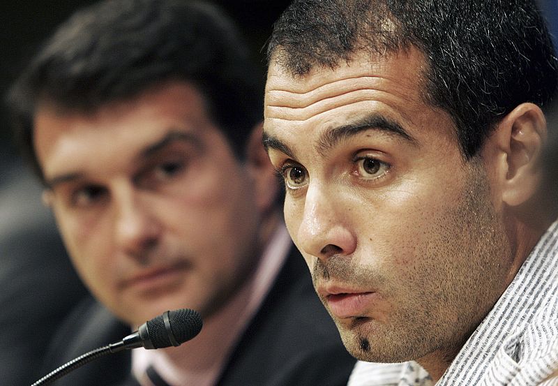 Former Spanish international and Barcelona soccer player Josep Guardiola speaks during a news conference at the Nou Camp in Barcelona