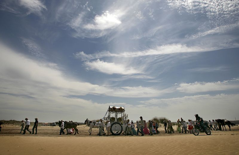 Pilgrims make their way to the shrine of El Rocio in Donana's National Park, southern Spain