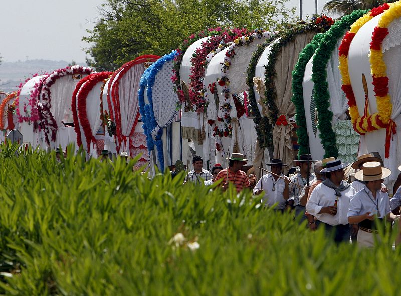 Las carretas de la Hermandad de Triana, camino de la Aldea de El Rocío (Huelva), donde los romeros asistirán a la procesión de la Virgen en la madrugada del Lunes de Pentecostés.