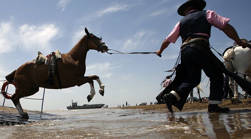 A pilgrim pulls his horse off a river-crossing ferry while en route to the shrine of El Rocio in Sanlucar de Barrameda