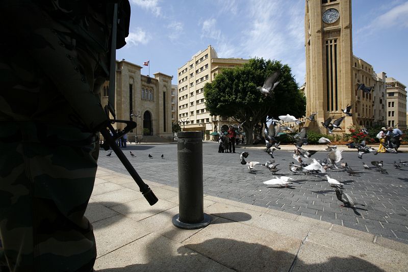 A Lebanese soldier secures the parliament building in downtown Beirut