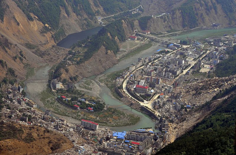 An aerial view shows a quake lake near Beichuan County