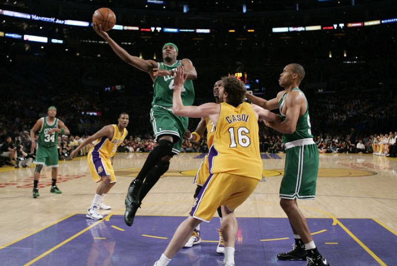 Celtics Posey goes high to shoot as Lakers Gasol defends during Game 4 of the NBA Finals basketball championship in Los Angeles