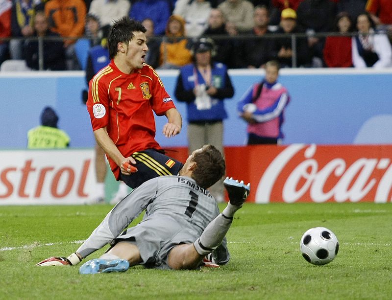 Sweden's goalkeeper Isaksson makes a save from Spain's Villa during their Euro 2008 soccer match in Innsbruck