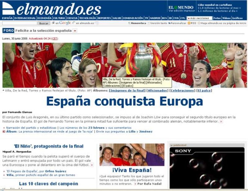  El mundo.es ofrece una fotografía de varios con los jugadores mientras que detaca "España conquista Europa" 
