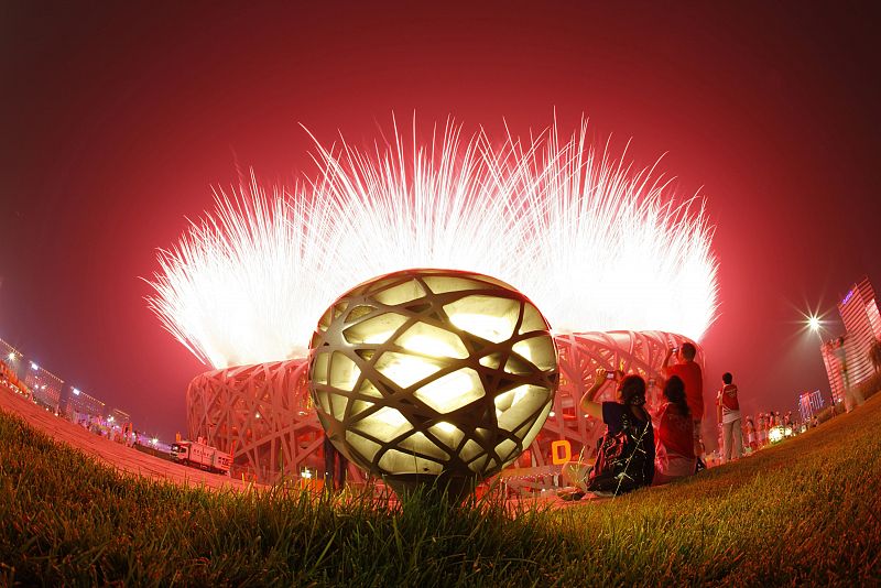 Fireworks explode at the opening ceremony of the Beijing 2008 Olympic Games at the National Stadium