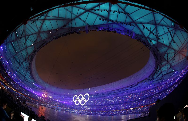 The Olympic Rings are raised during the opening ceremony of the Beijing 2008 Olympic Games at the National Stadium