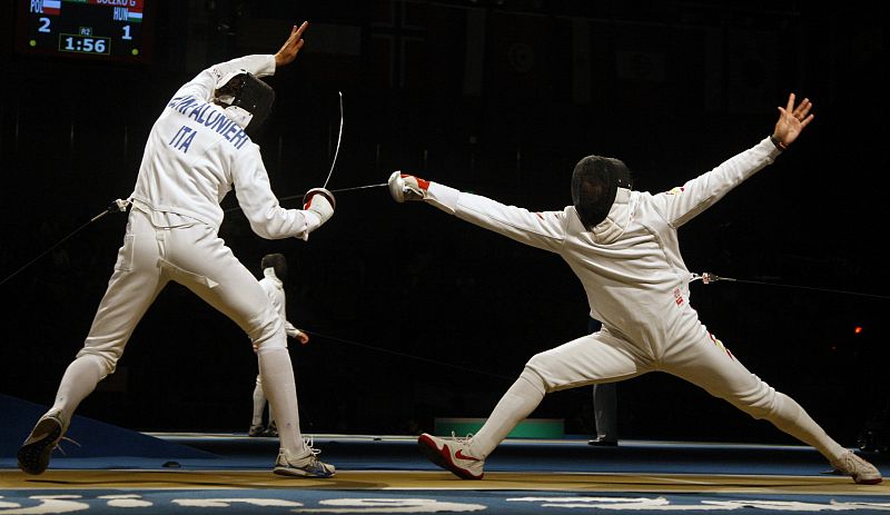 Diego Confalonieri of Italy competes against Jose Luis Abajo of Spain during their epee bout in the men's individual fencing competition at the Beijing 2008 Olympic Games