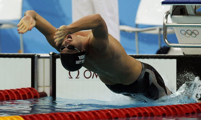 Aaron Peirsol of the U.S. starts in the men's 100m backstroke swimming semifinal at the National Aquatics Center during the Beijing 2008 Olympic Games