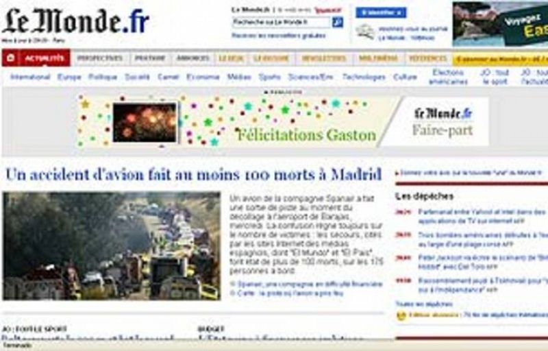 "Un accidente aéreo deja al menos 100 muertos en Madrid" titula el diario francés.