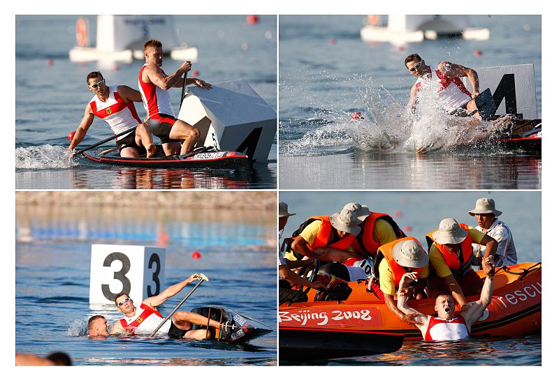 Caída de los alemanes Christian Gille y Thomasz Wylenzek durante la competición de C2 1000 metros.