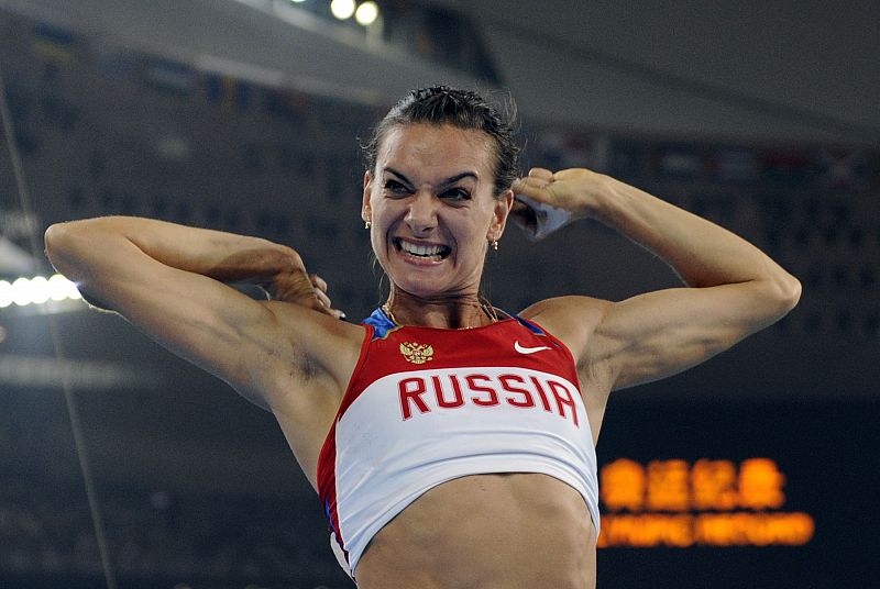 Isinbayeva of Russia celebrates after breaking the world record during the women's pole vault final in in the National Stadium at the Beijing 2008 Olympic Games