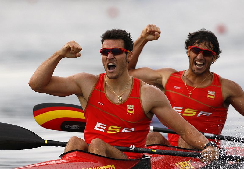 Craviotto and Perez of Spain celebrate their win in the men's kayak double (K2) 500m final at the Beijing 2008 Olympic Games