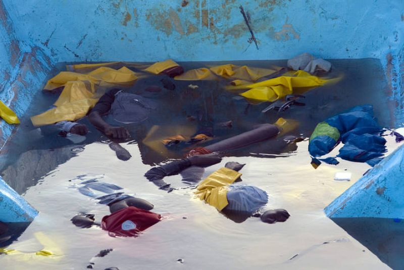 Bodies of dead would-be immigrants are submerged on fishing boat at the port of Arguineguin in Spain's Canary Island of Gran Canaria