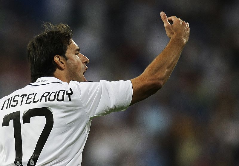 Real Madrid's van Nistelrooy celebrates his goal during their Spanish Super Cup final against Valencia in Madrid