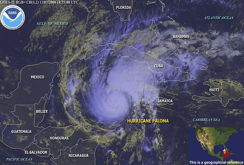 A NOAA satellite image shows the position of Hurricane Paloma at 1500 GMT November 7, 2008