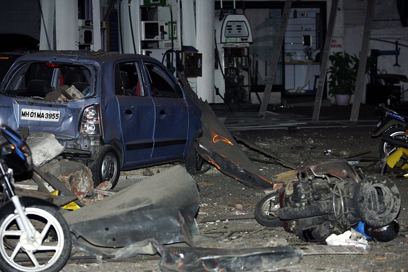 Debris lies scattered at a blast site in Mumbai