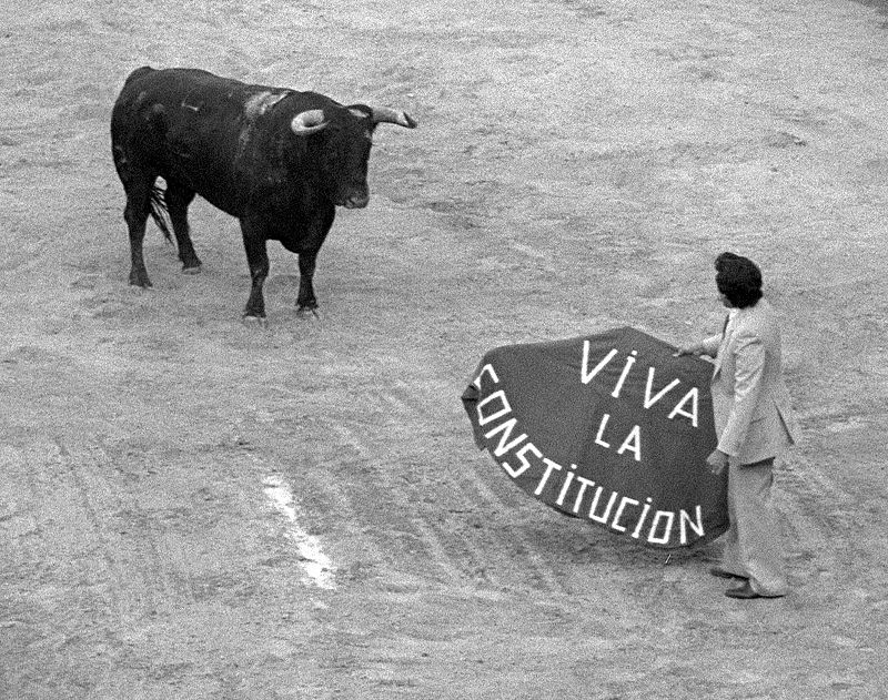 Un espontáneo defiende la constitución muleta en mano.