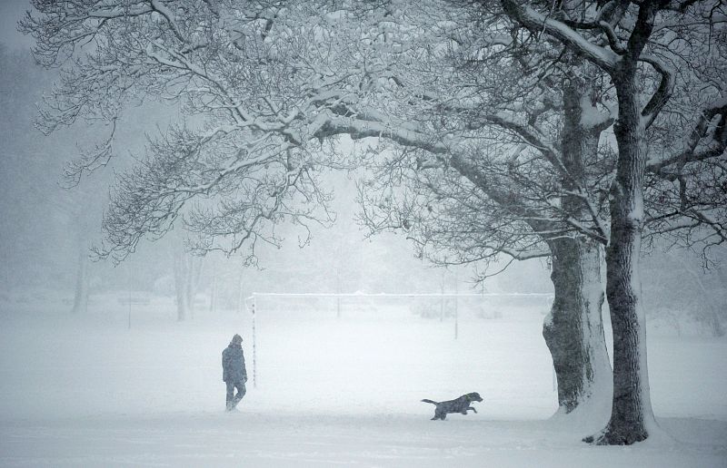 Un hombre pasea con su perro en el parque King George V en Farnborough, al sur de Inglaterra